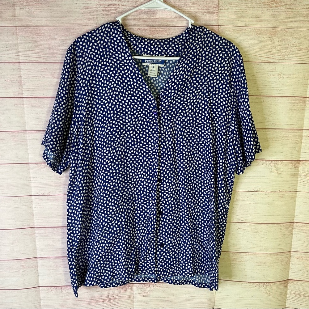 Pendleton 100% Rayon Blue White Button‎ Front  Small Tulip Print Shirt Size 10